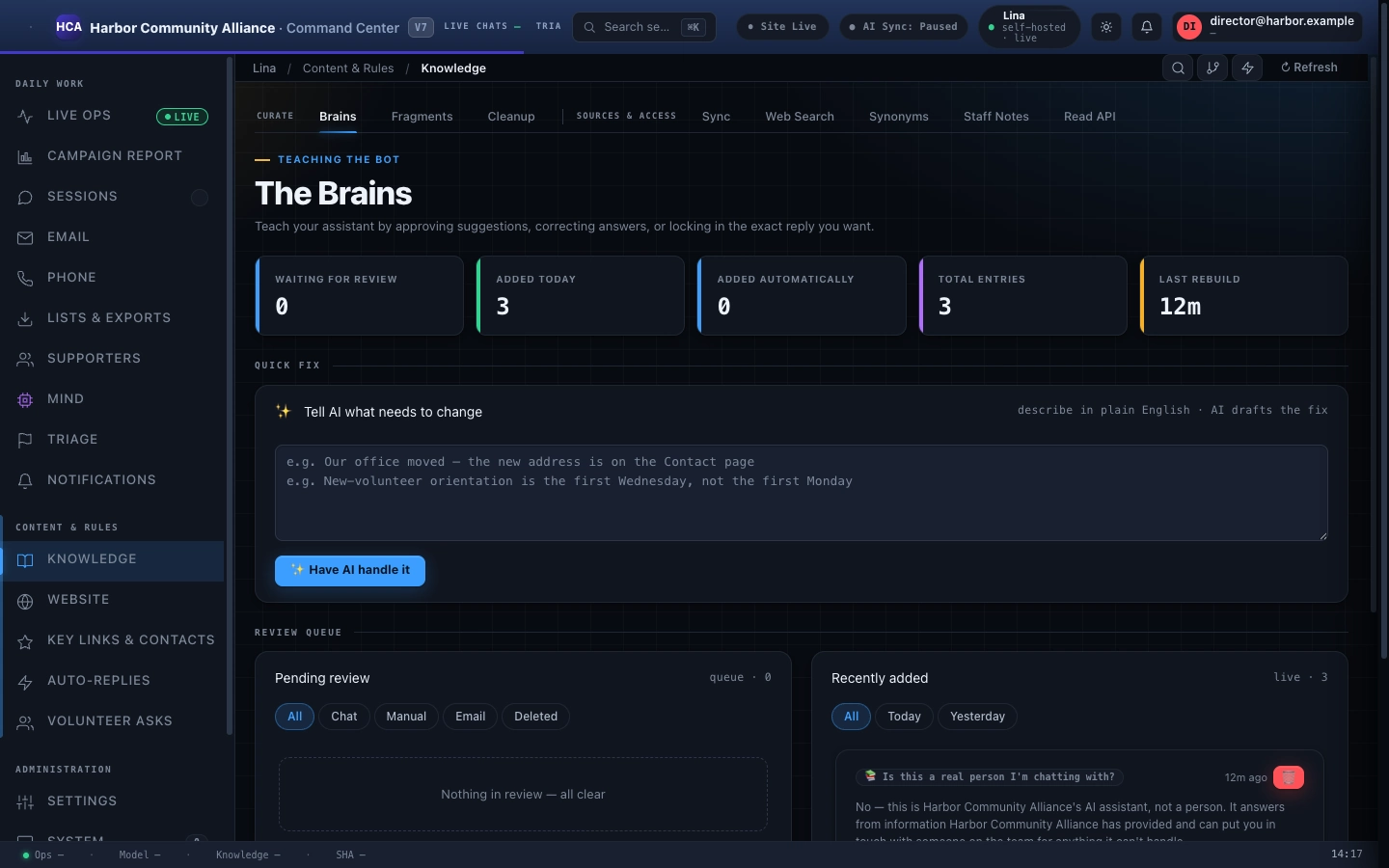 Knowledge panel with the review queue, recently added entries and a plain-English quick-fix box
