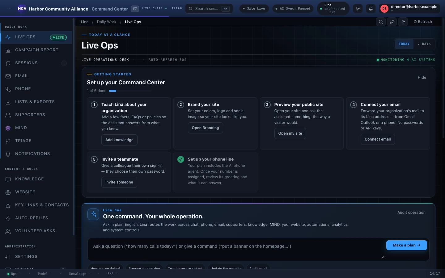 Command Center Live Ops screen for a demo organization, showing the six-step getting-started checklist